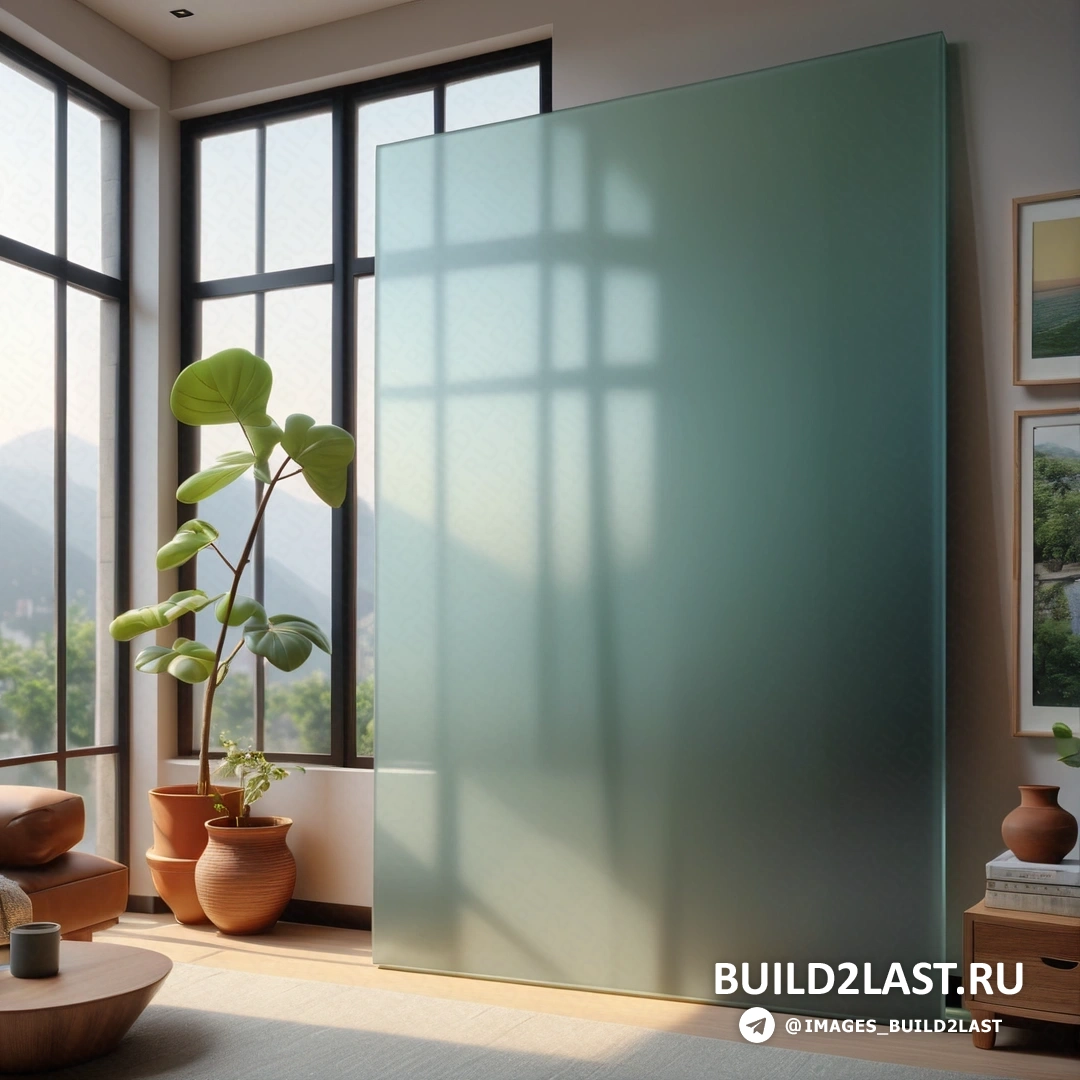 Фотореализм - 3D рендер. Комната с большим окном и растением в углу комнаты с видом на горы.