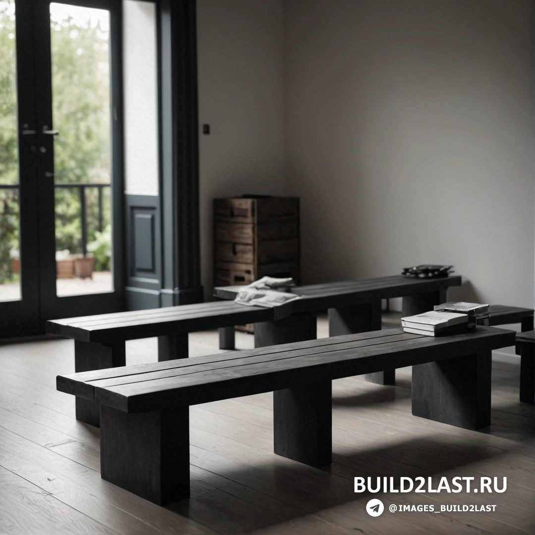 Постминимализм - 3D рендер. Комната с деревянной скамейкой и столом с книгой на нем и окном с видом