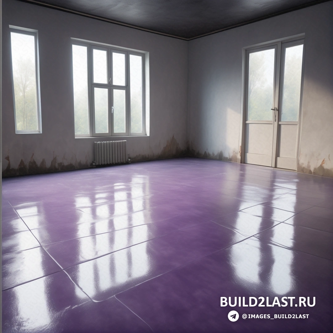 Фотореализм - 3D рендер. Комната с фиолетовым полом, двумя окнами и радиатором в углу комнаты.