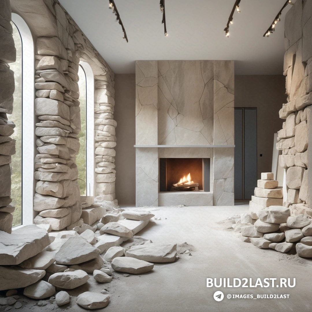 Бетонное искусство - мраморная скульптура. Комната с камином и кучей камней на полу.