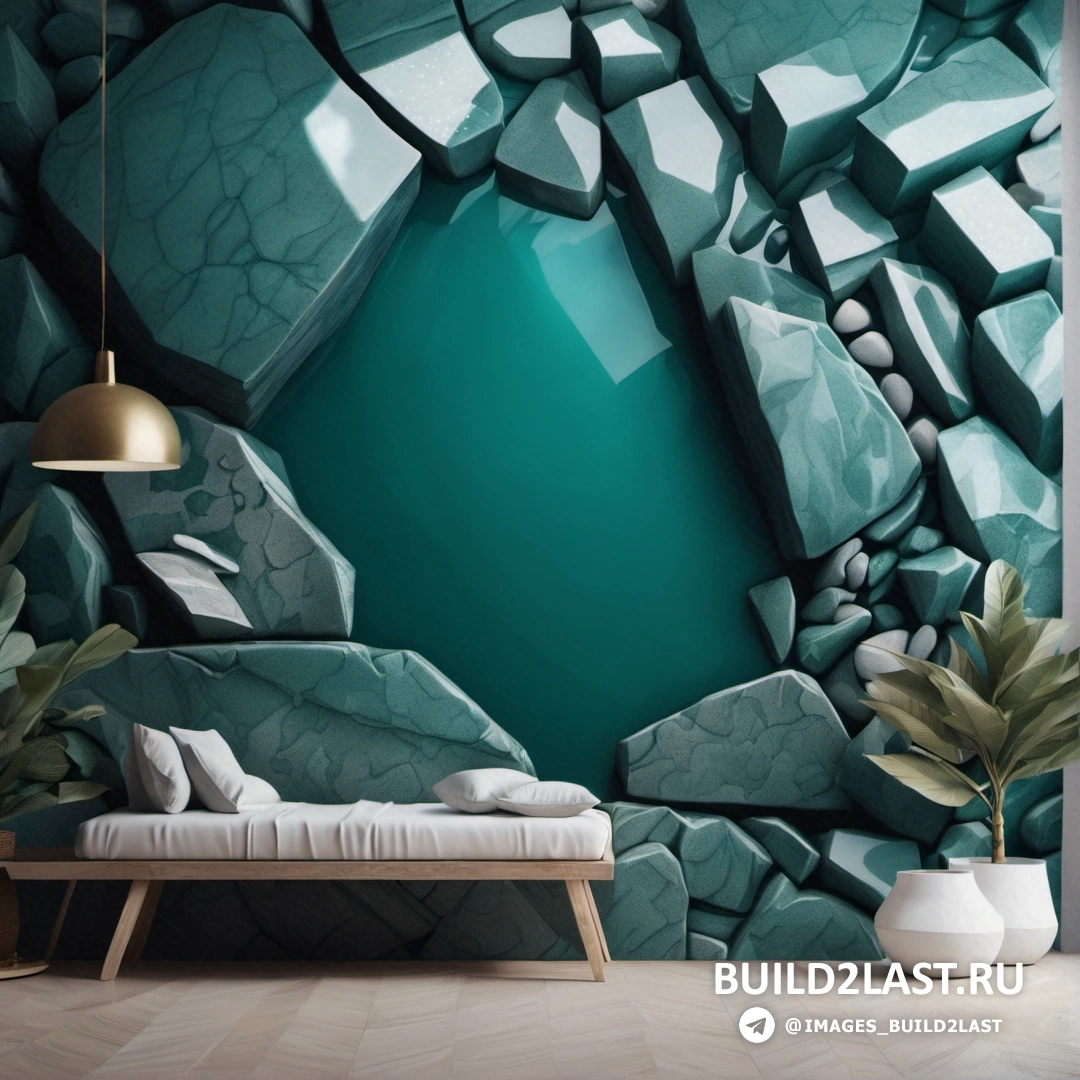 Бетонное искусство - 3D рендер. Комната с кроватью, стеной с большим каменным узором и скамейкой перед ней.