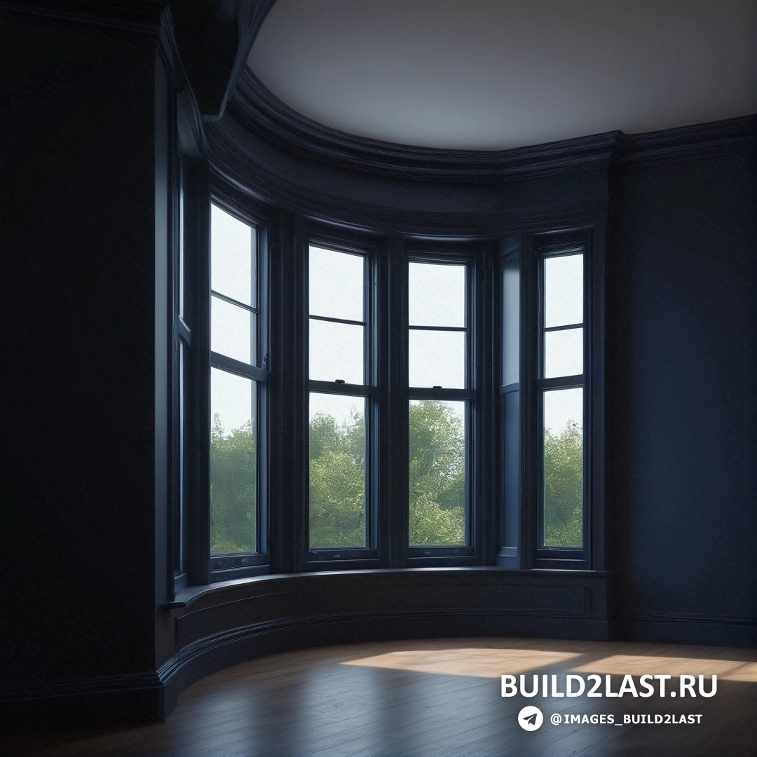 Фотореализм - 3D рендер. Комната с круглым окном и деревянным полом в нем с видом на лес за окном