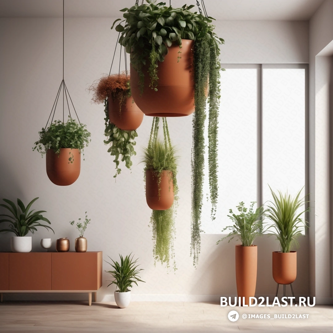 Экологическое искусство - 3D рендер. Комната с кучей растений, свисающих с потолка, шкафом с зеркалом и шкафом с ящиком.