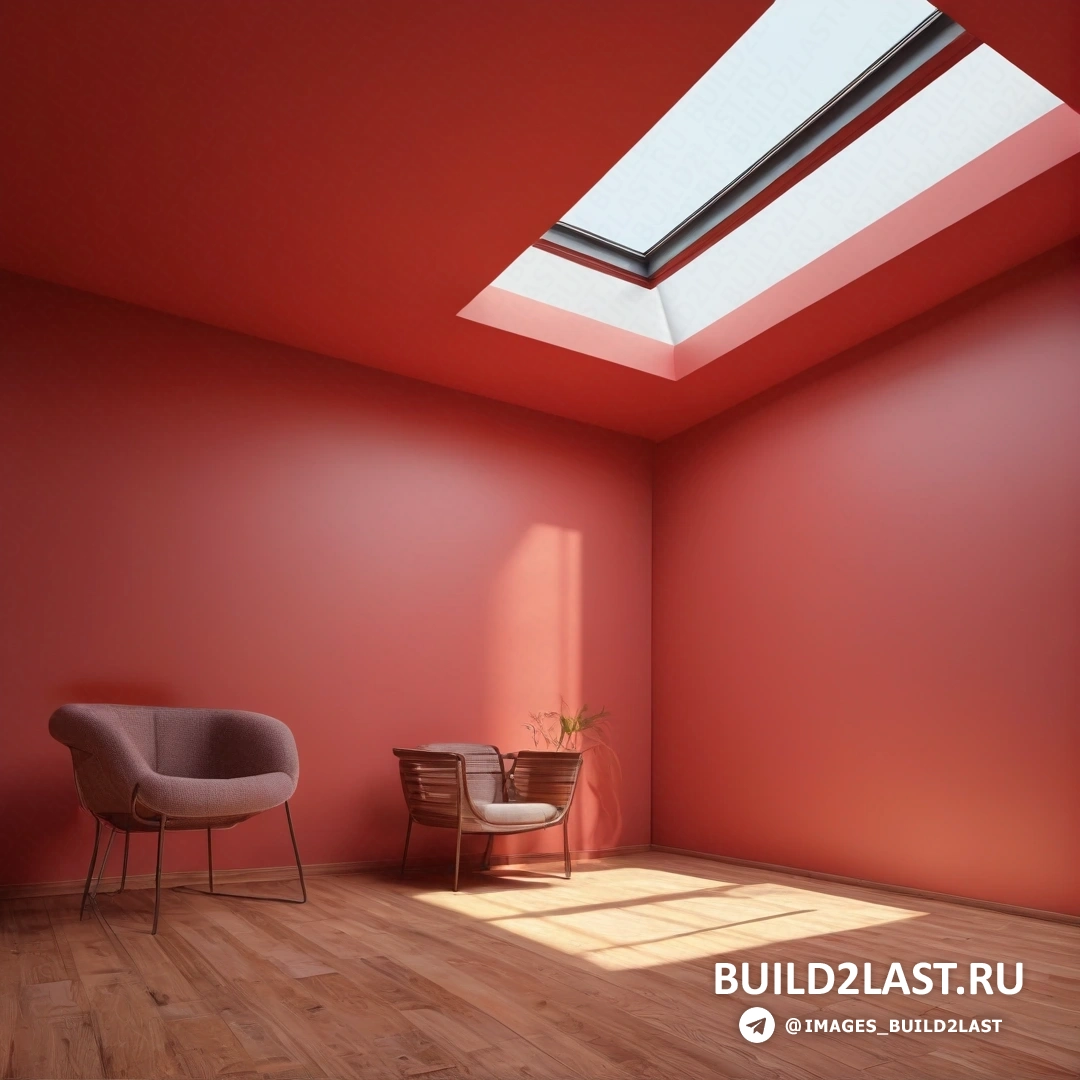 Фотореализм - 3D-рендер. Комната с мансардным окном и стулом в нем, а также растением в горшке в углу комнаты