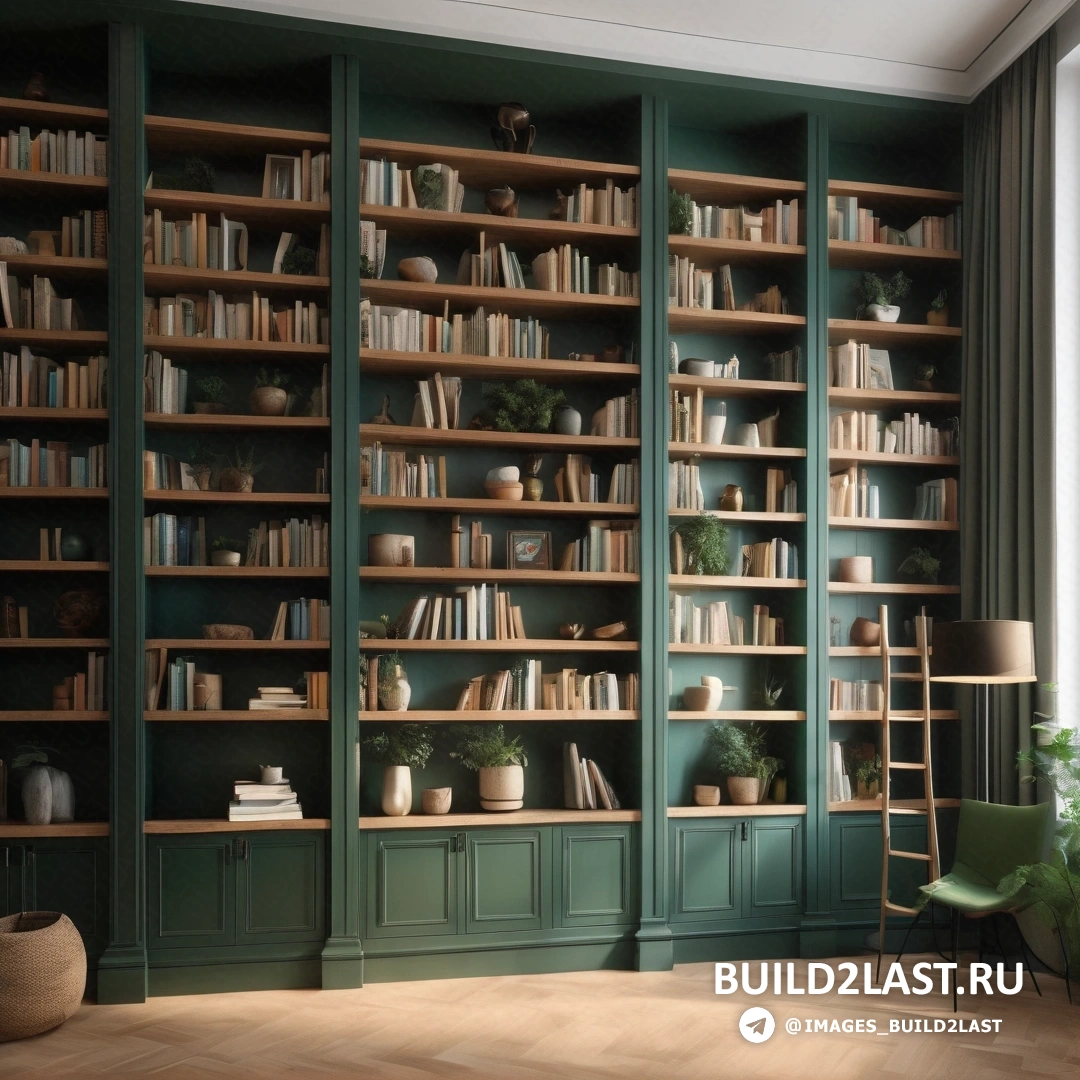 Движение декоративно-прикладного искусства - 3D рендеринг. Комната с множеством книг на полках, стулом посередине комнаты и лампой на полу.