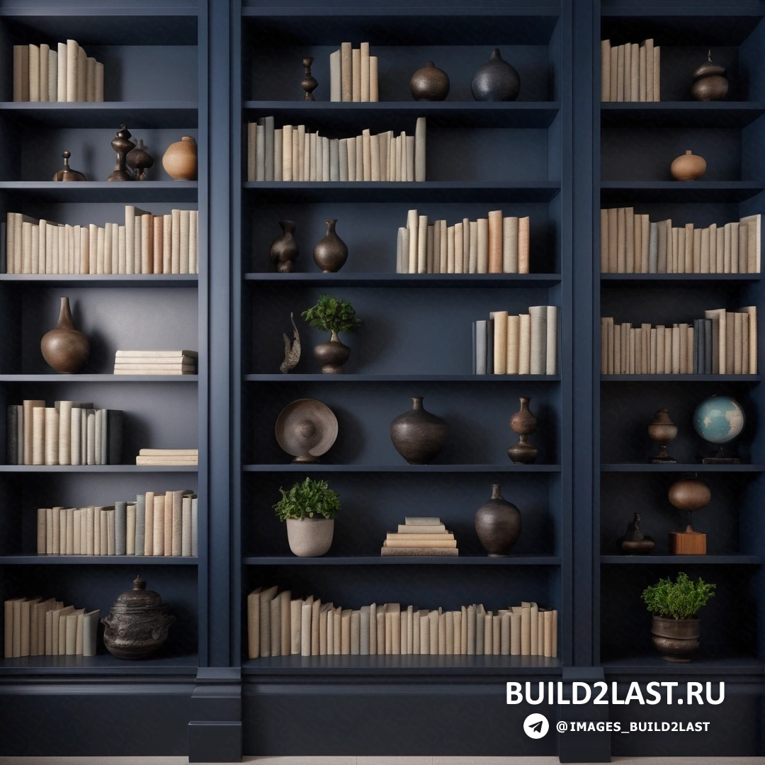Движение декоративно-прикладного искусства - 3D рендеринг. Комната с множеством книг на полках и вазой на полу перед ней.
