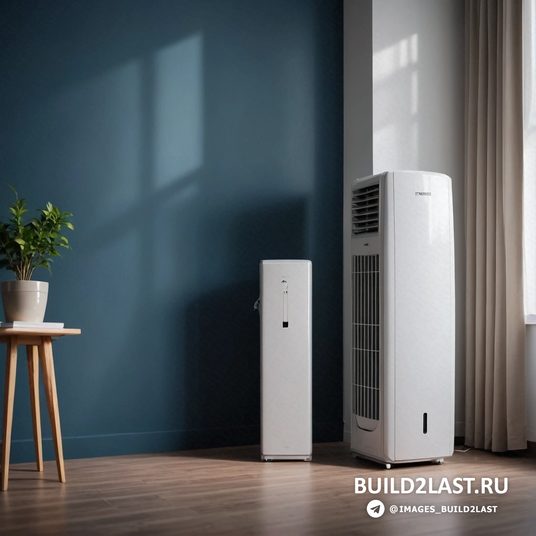 Purism - 3D-рендер. Комната с небольшим кондиционером и растением на полу рядом с ним и синей стеной