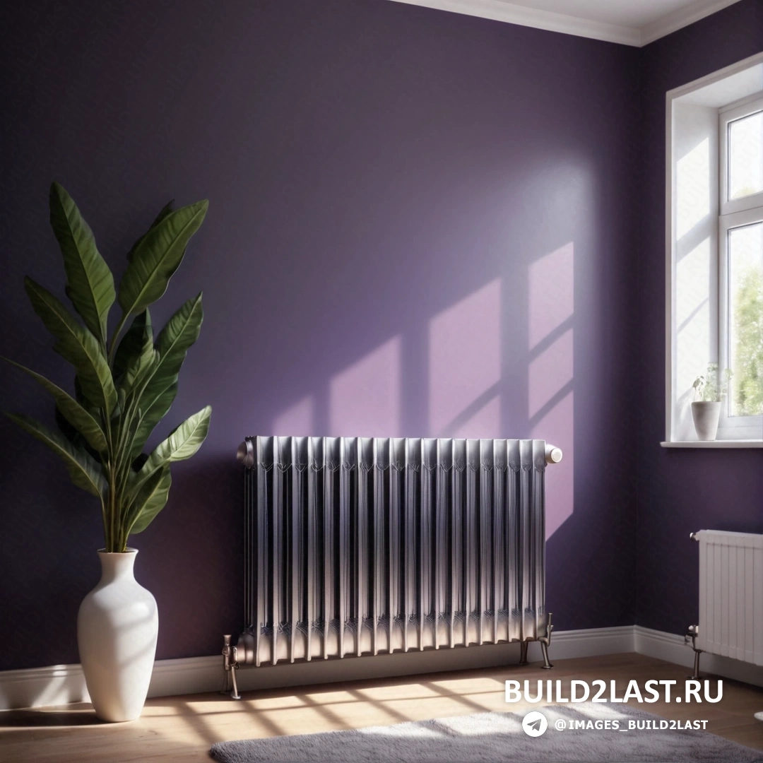 Фотореализм - 3D рендер. Комната с радиатором, вазой и растением в ней.