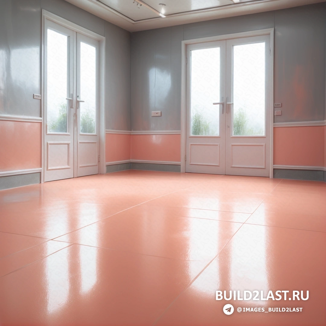 Фотореализм - 3D рендер. Комната с розовым полом, двумя окнами и дверью с подоконником сбоку.