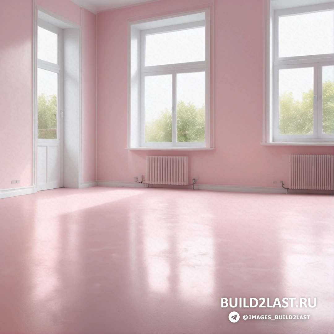 Постминимализм - 3D рендер. Комната с розовыми стенами, белым радиатором и окнами с белой окантовкой.