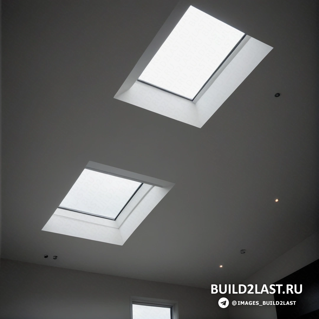 Свет и пространство - 3D-рендеринг. Комната с тремя мансардными окнами и кроватью в ней с окном сбоку комнаты