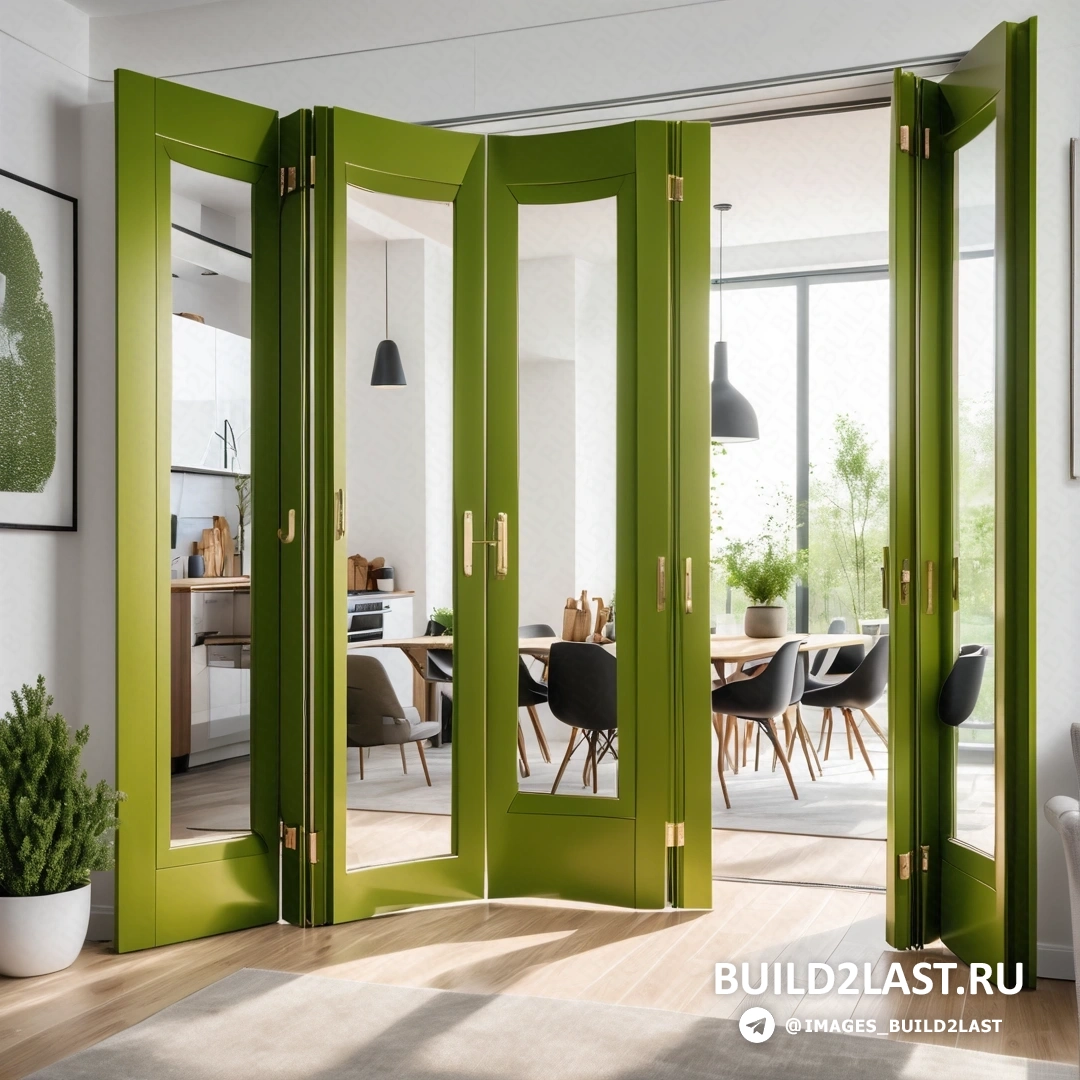 Движение декоративно-прикладного искусства - цифровой рендеринг. Комната с зеленой дверью, столом со стульями, растением в горшке и изображением столовой.