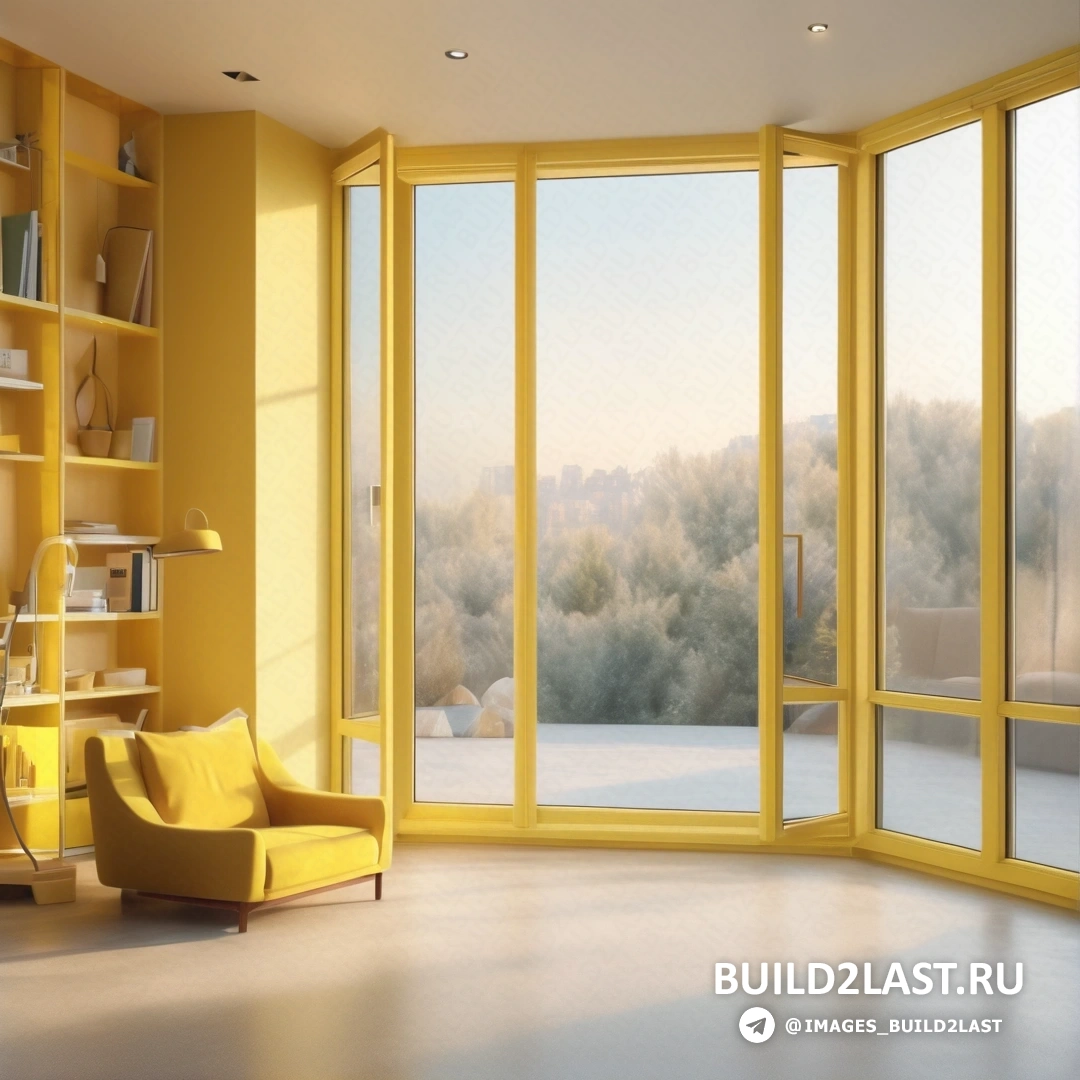 Фотореализм - 3D рендер. Комната с желтым стулом и книжной полкой с видом на лес за окном