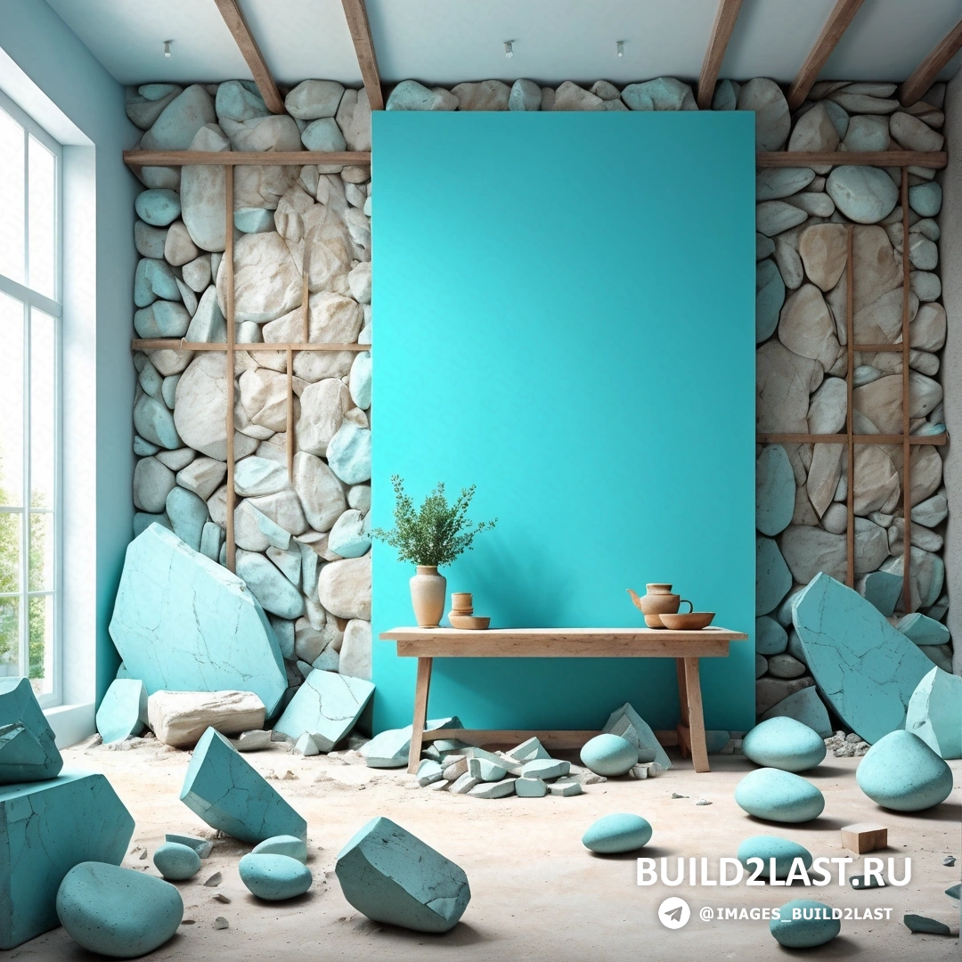 Авторазрушающий арт - 3D рендер. Комната со столом, кучей камней на полу и синей стеной с окном.