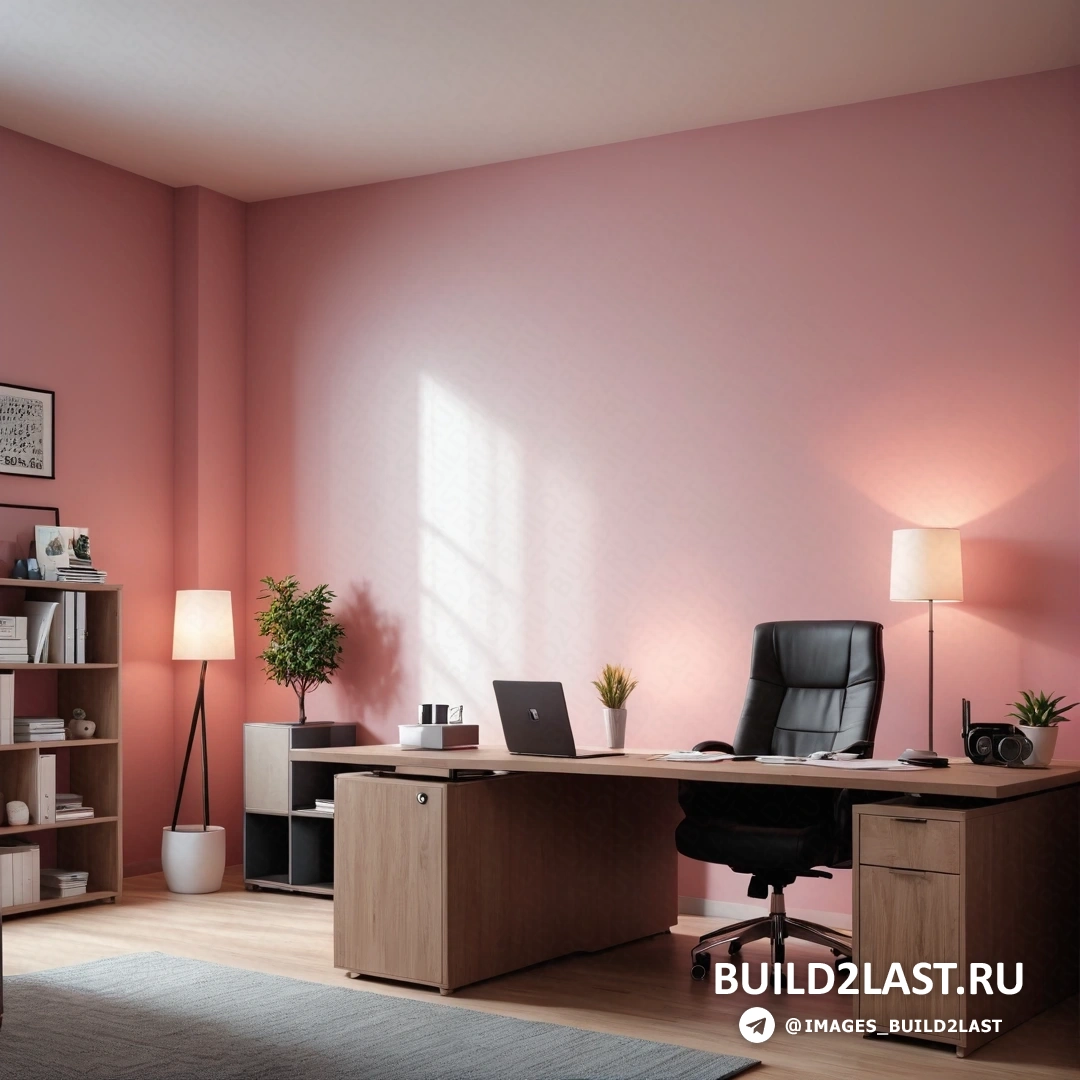Постминимализм - 3D-рендер. Комната со столом, стулом и ноутбуком на нем с розовой стеной и ковром