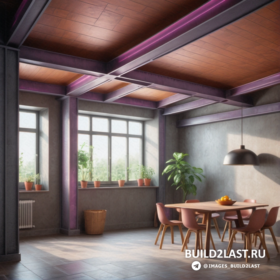 Фотореализм - 3D рендер. Комната со столом, стульями и растением в горшке на столе в углу комнаты.