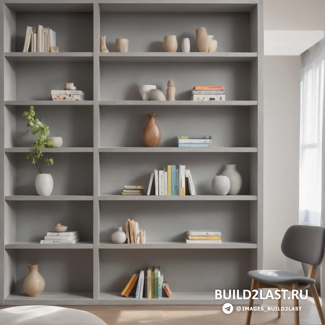 Постминимализм - 3D рендер. Комната со стулом и книжной полкой, множеством книг и окном на заднем плане.
