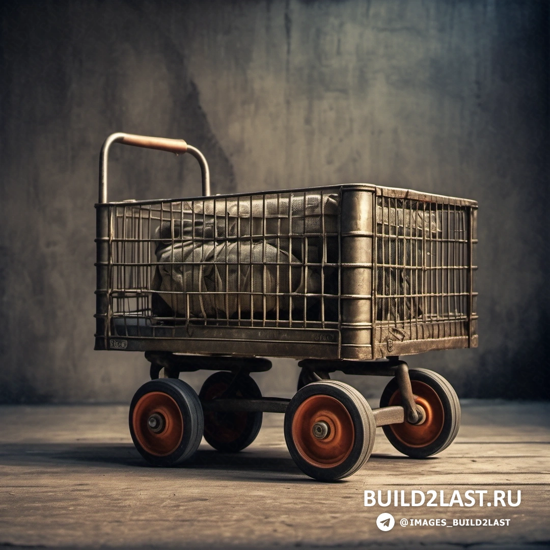 Автоматисты - стоковое фото. Тележка для покупок с кожаной сумкой на деревянном полу, за бетонной стеной и на черном фоне.
