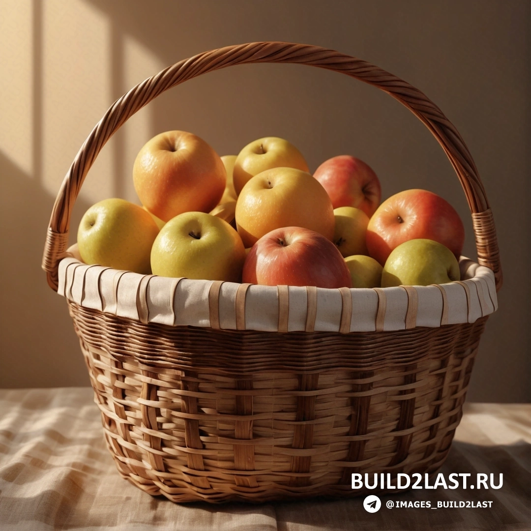 Фотореализм - изображение с трассировкой лучей. Корзина с яблоками на столе рядом с окном с занавеской за ней.