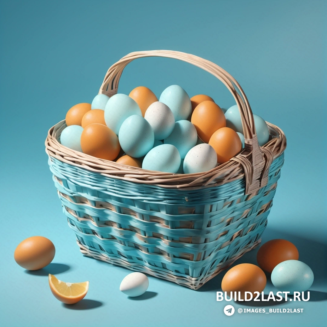 Фотореализм - изображение с трассировкой лучей. Корзина с яйцами и половинкой апельсина рядом на синем фоне.