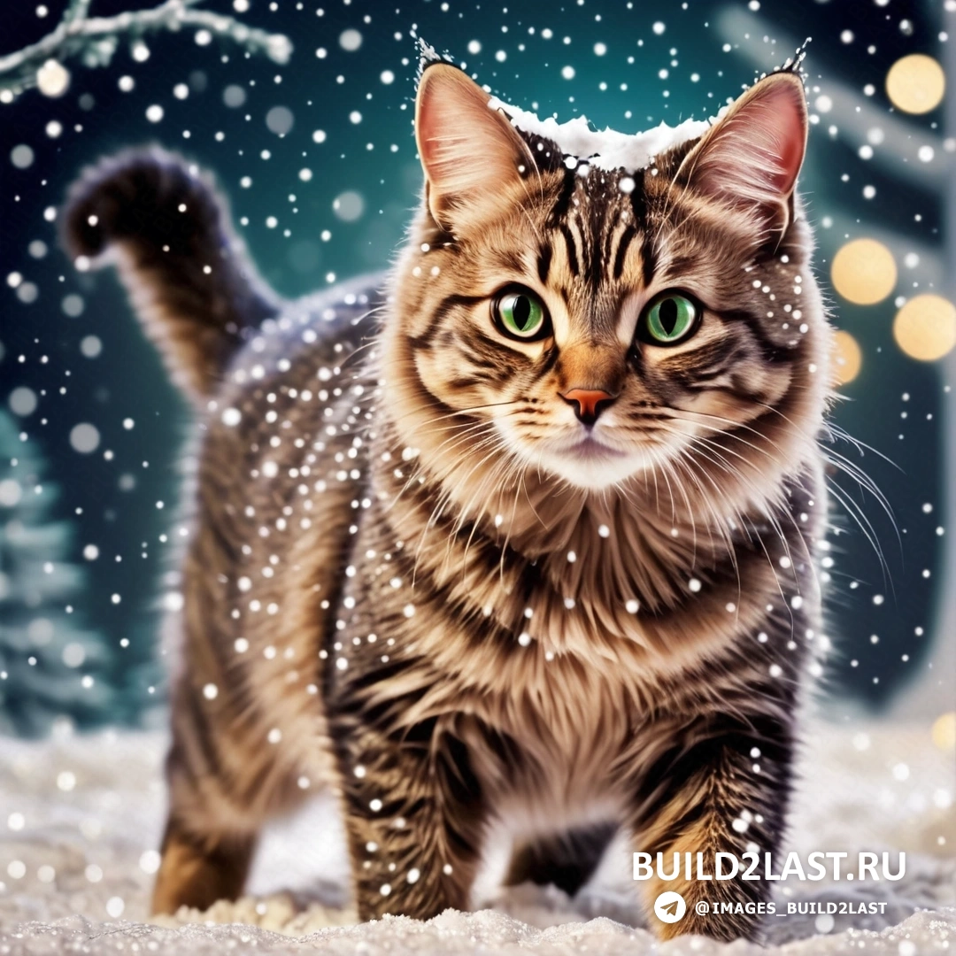 кот идет по снегу на фоне рождественской елки с огнями на ветвях