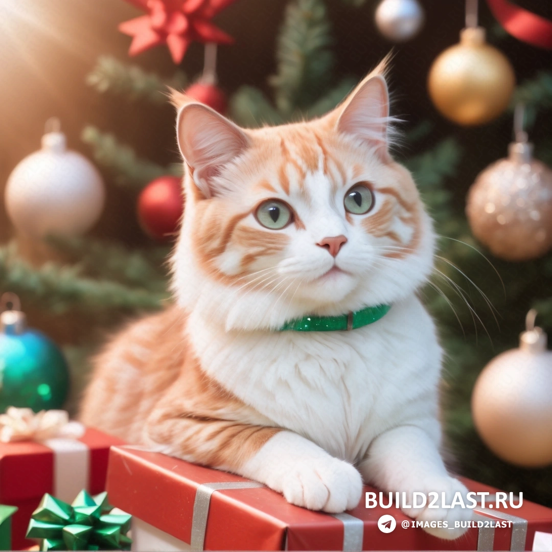 кот на красной коробке с зеленым ошейником на шее и рождественской елкой