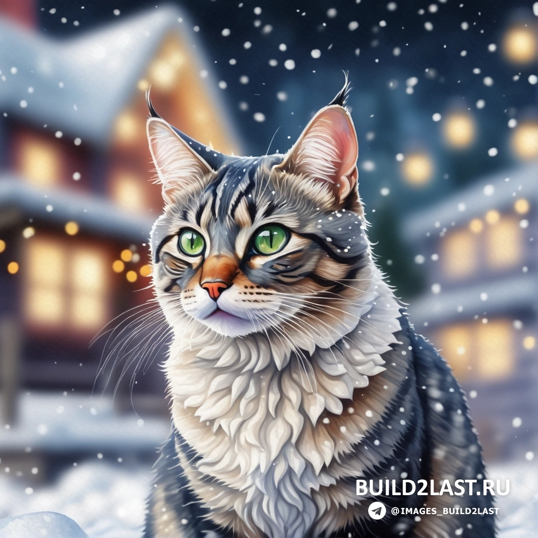кот на снегу перед домом с рождественским светом на крыше