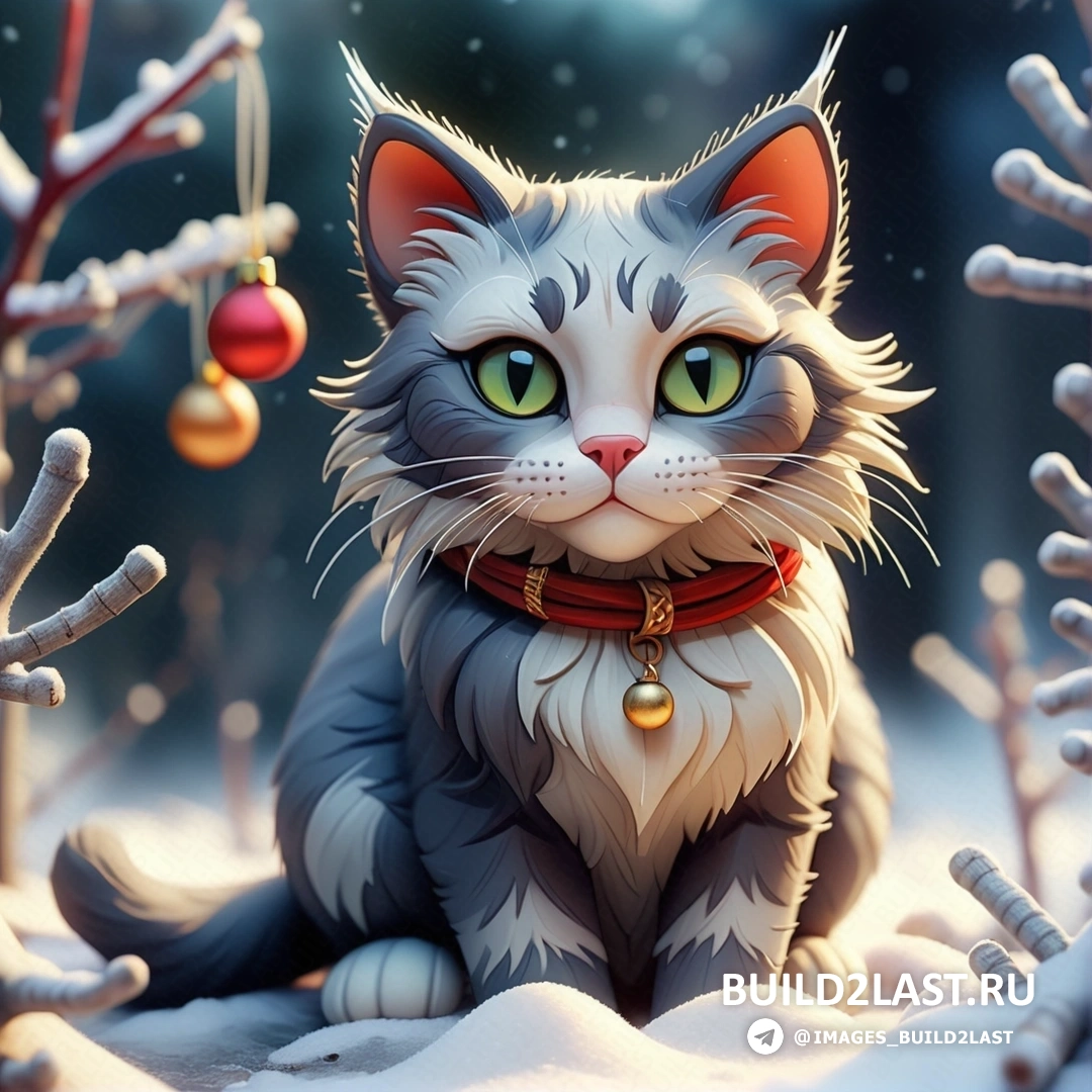 кот, на снегу, с красным ошейником, колокольчиком на шее и рождественским украшением, свисающим с шеи