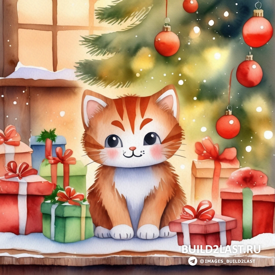 кот перед елкой с подарками и рождественская елка