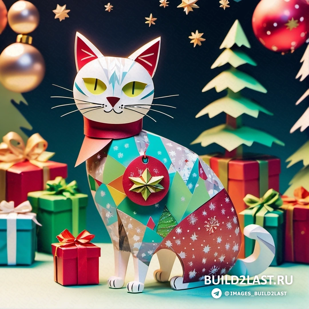 кот, перед рождественской елкой с подарками вокруг него и рождественским украшением