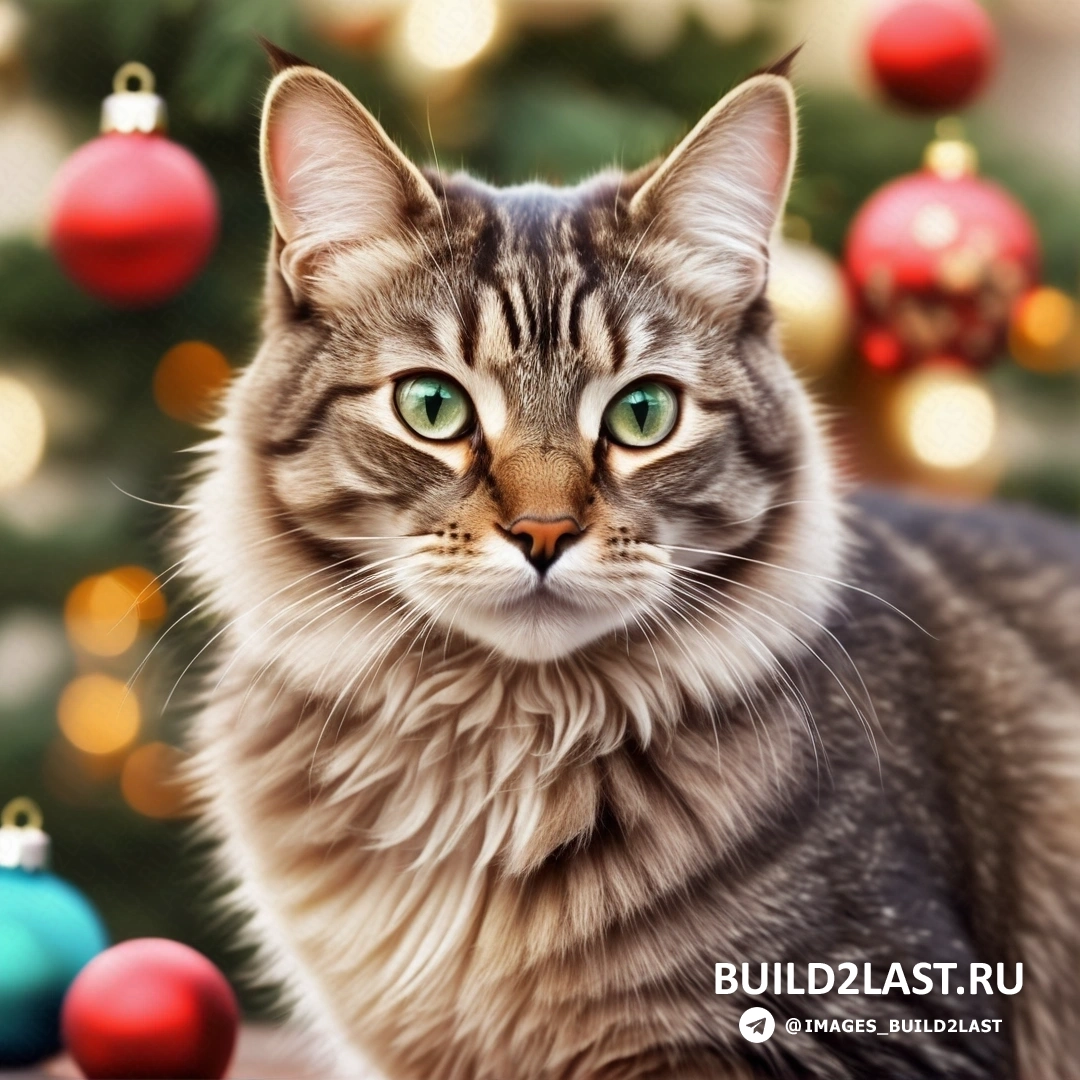 кот перед рождественской елкой с украшениями