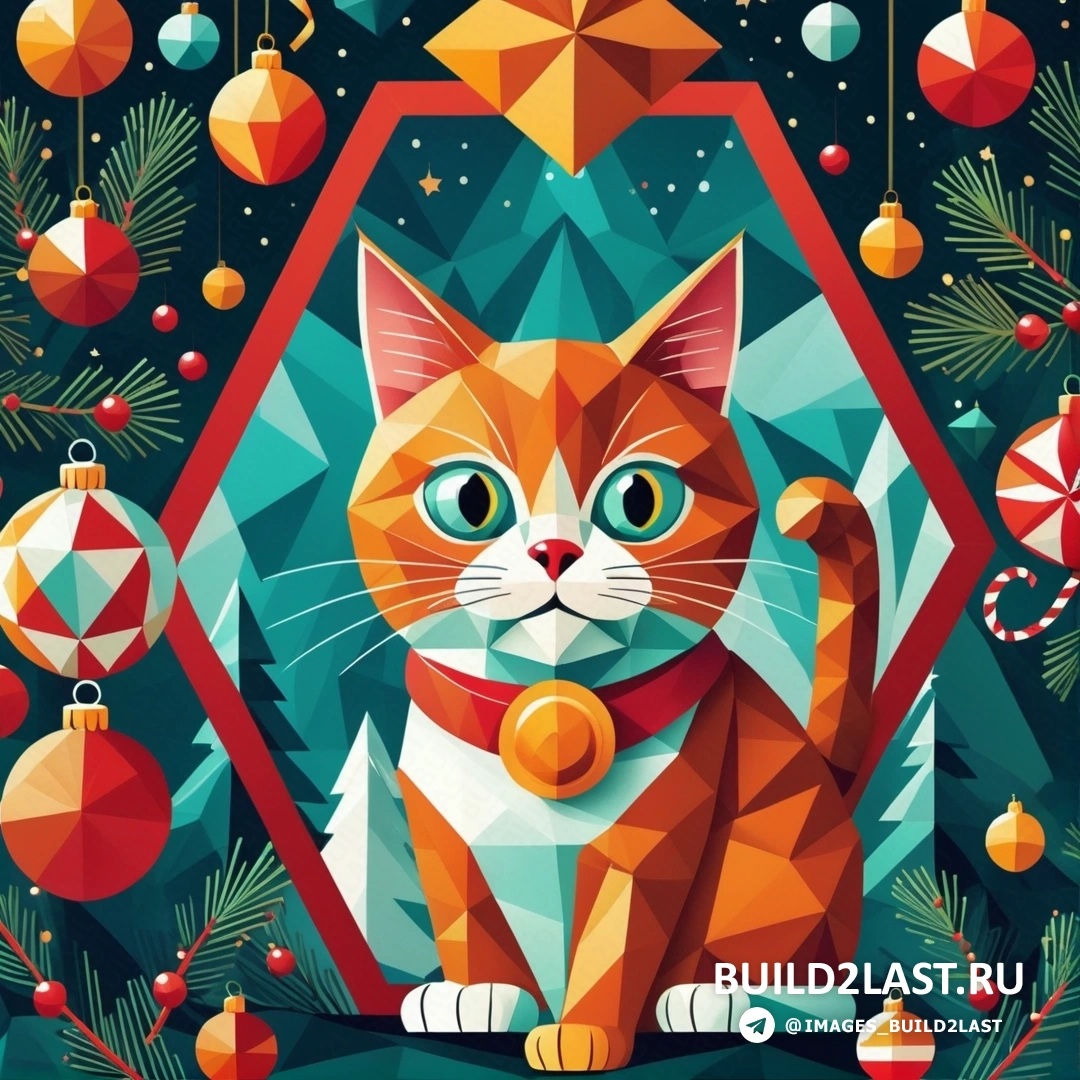 кот перед рождественской елкой с украшениями на ветвях и звездой 