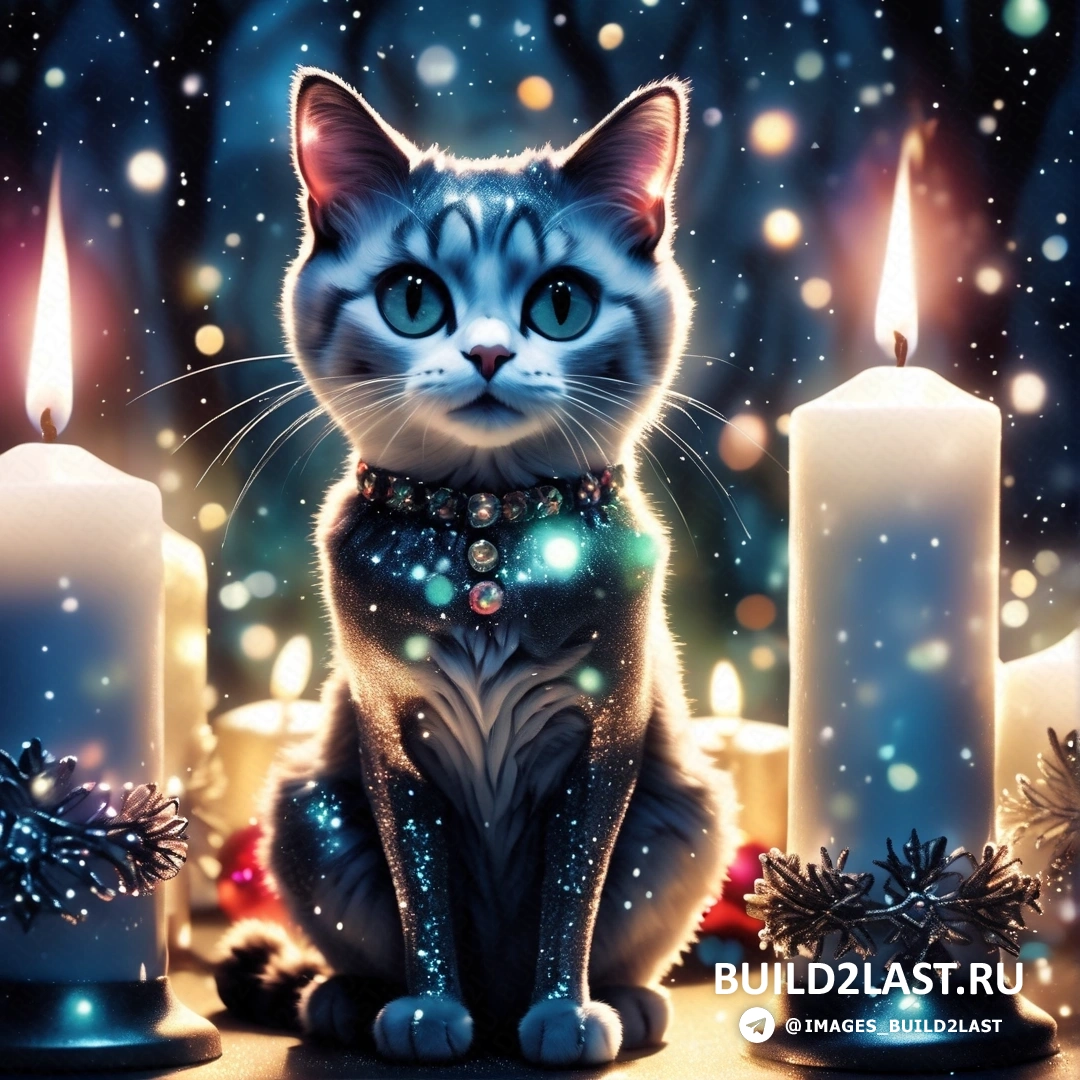 кот, перед зажженной свечой с рождественским украшением и фоном из снежинок