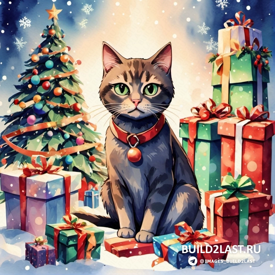 кот рядом с рождественской елкой с подарками