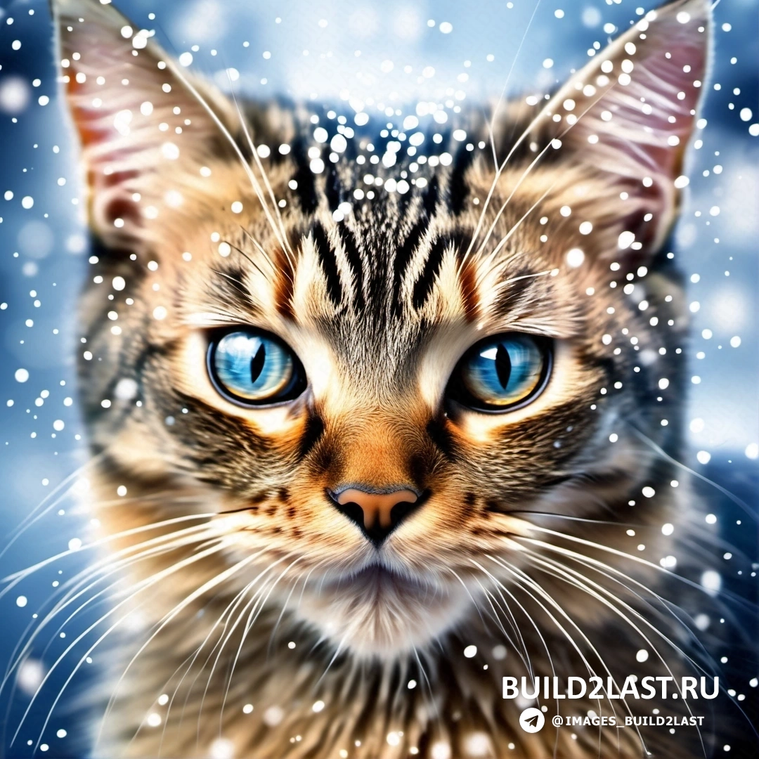кот с голубыми глазами смотрит в камеру, на голову падает снег, а за ним снежный фон