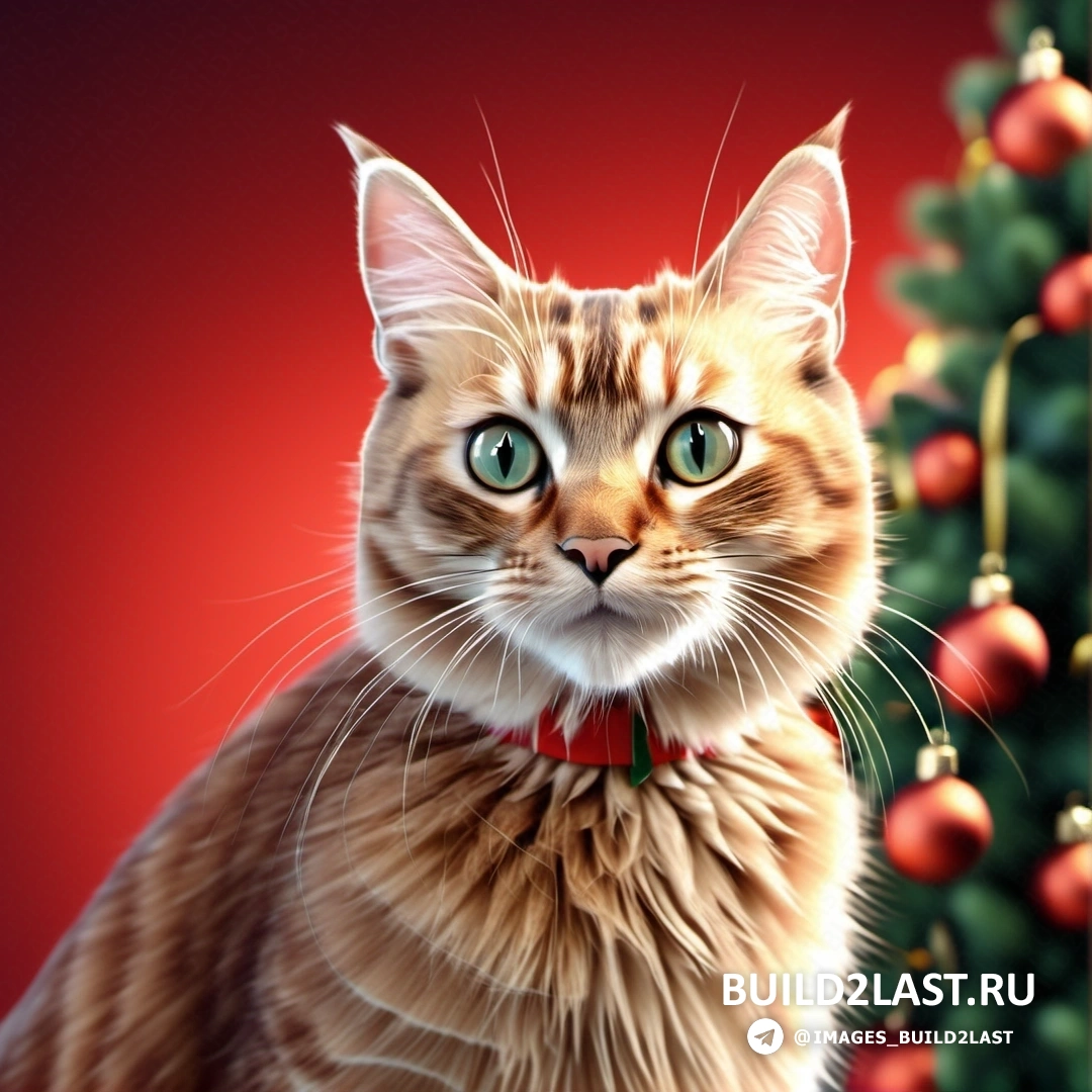 кот с красным ошейником рядом с рождественской елкой с украшениями