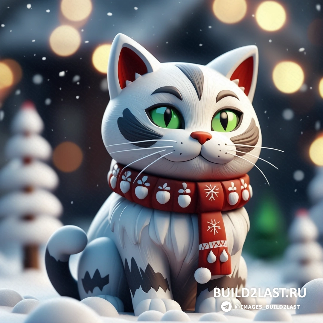 кот с шарфом на шее на снегу с рождественскими гирляндами и снеговиком 
