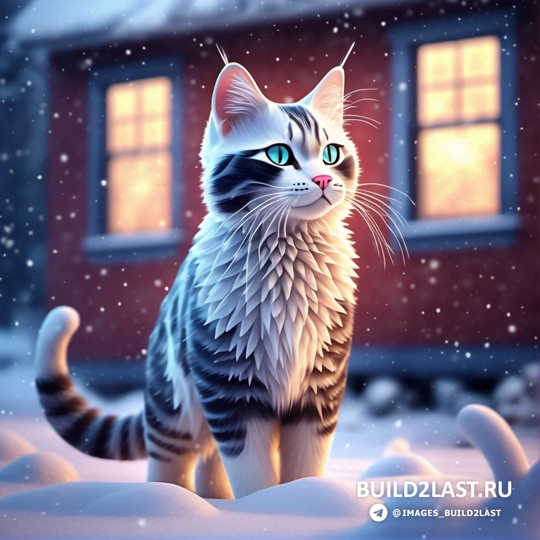 кот, стоящий на снегу перед домом с окном и снеговиком