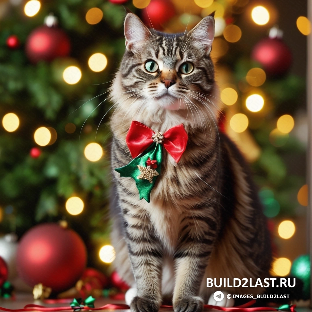 кот в красном галстуке-бабочке стоит перед рождественской елкой с огнями на ветвях