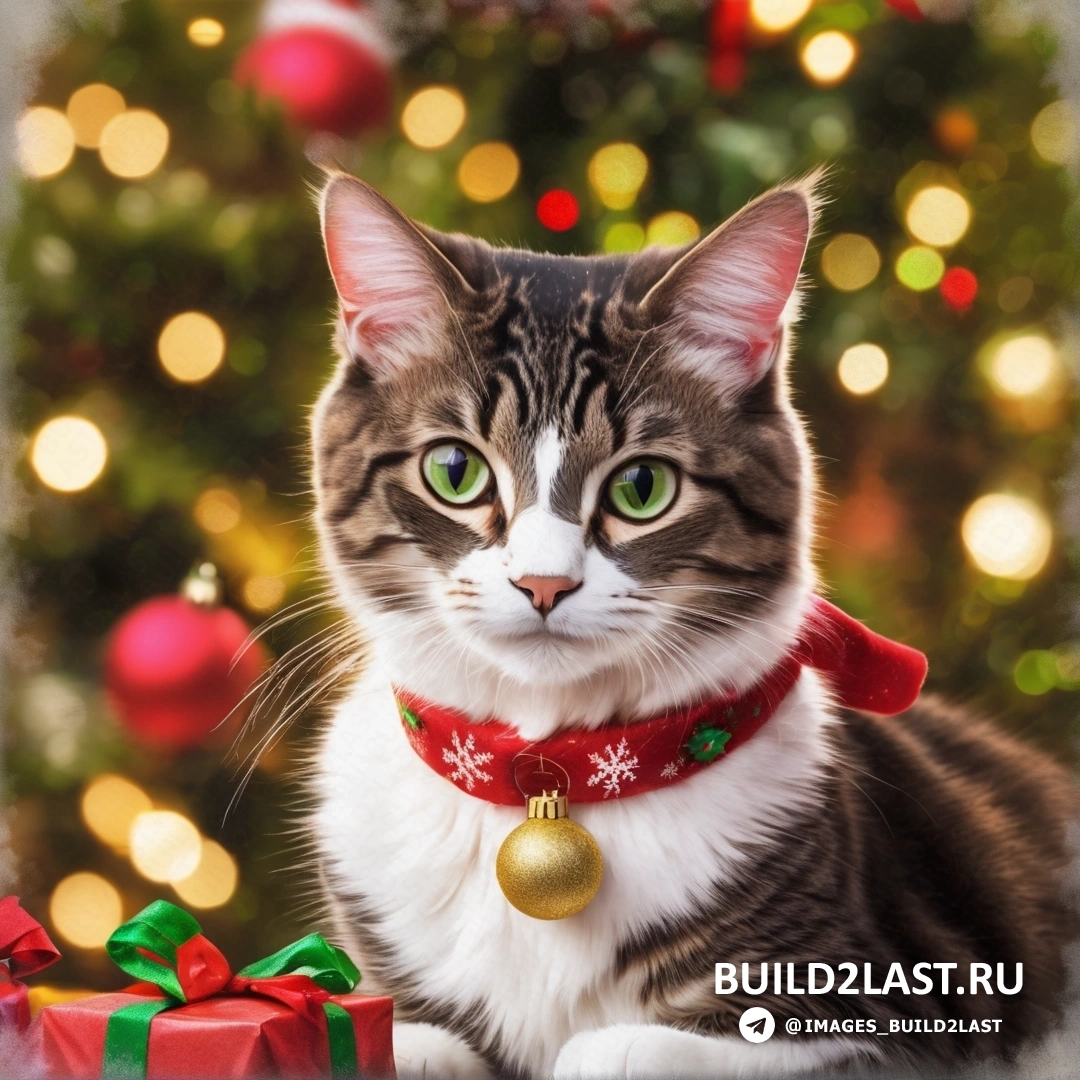 кот в красном ошейнике и с рождественским украшением на шее перед рождественской елкой