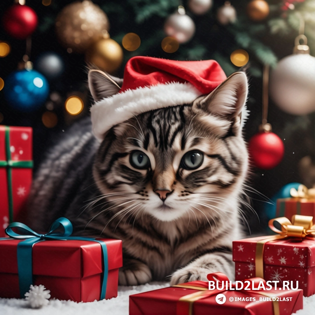 кот в шапке Санты рядом с подарками под рождественской елкой