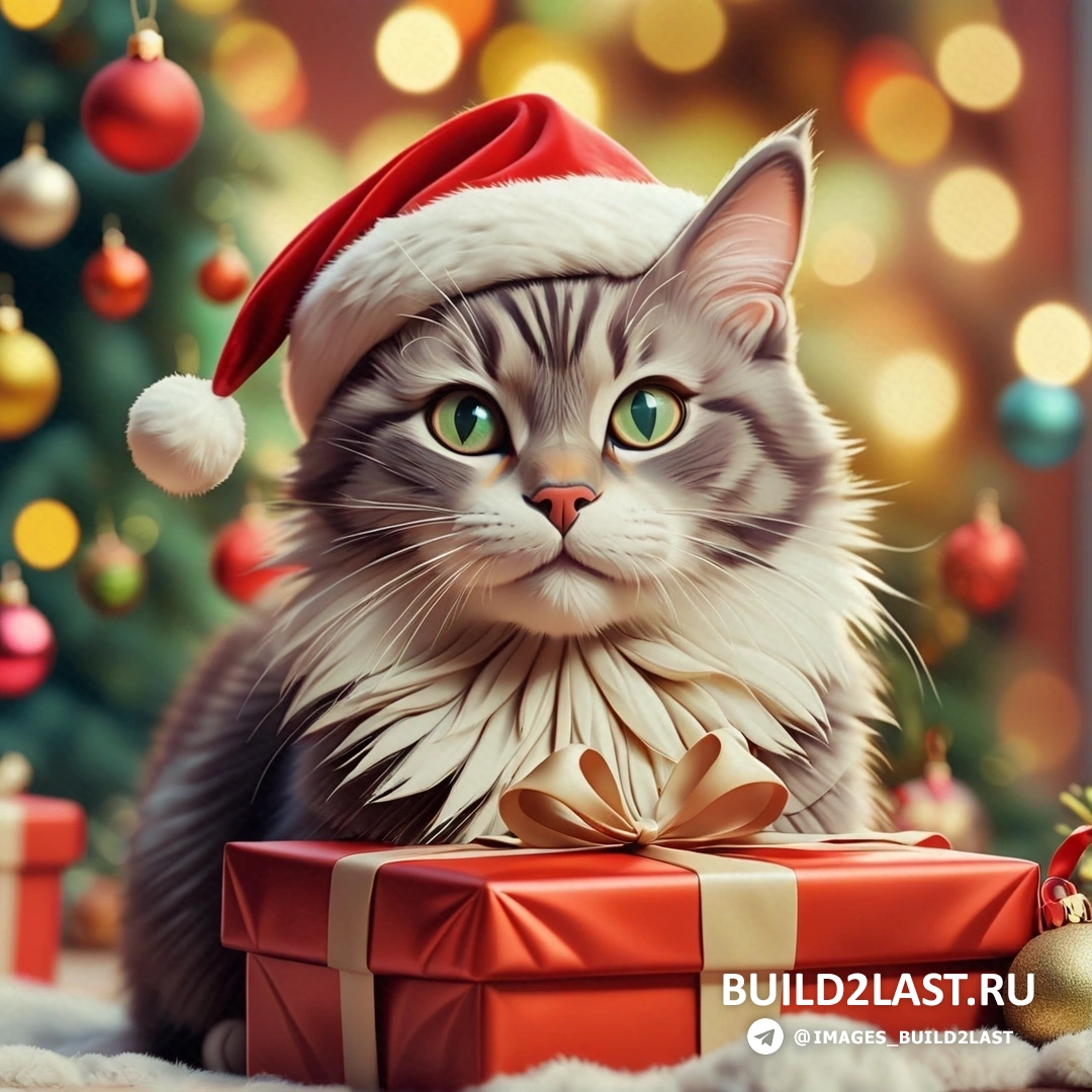 кот в шапке Санты рядом с рождественской елкой с подарками