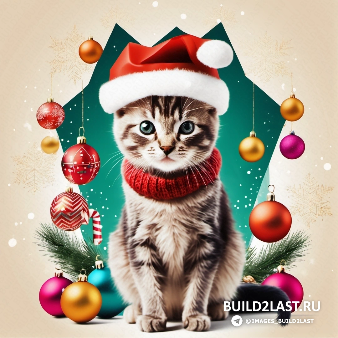 кот в шапке Санты и шарфе на фоне рождественских украшений