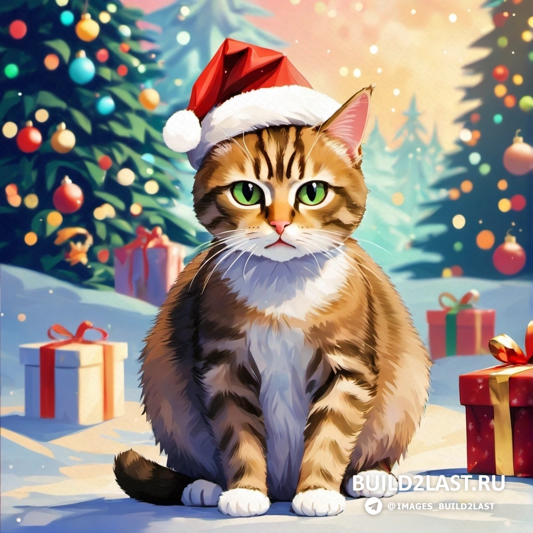 кот в шапке Санты перед рождественской елкой с подарками 