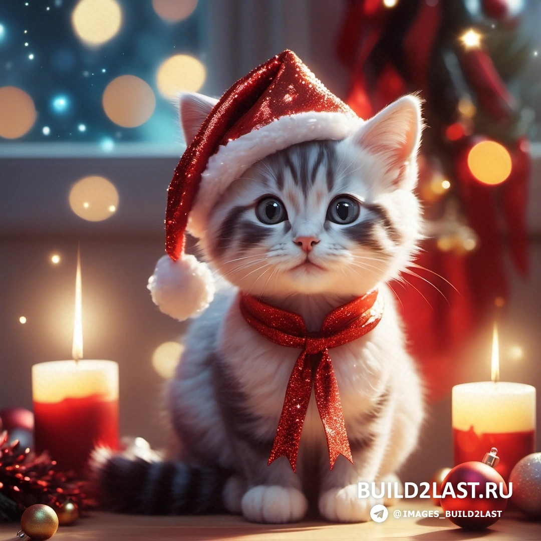 кот в шапке Санты и шарфе рядом со свечами и рождественской елкой с огнями