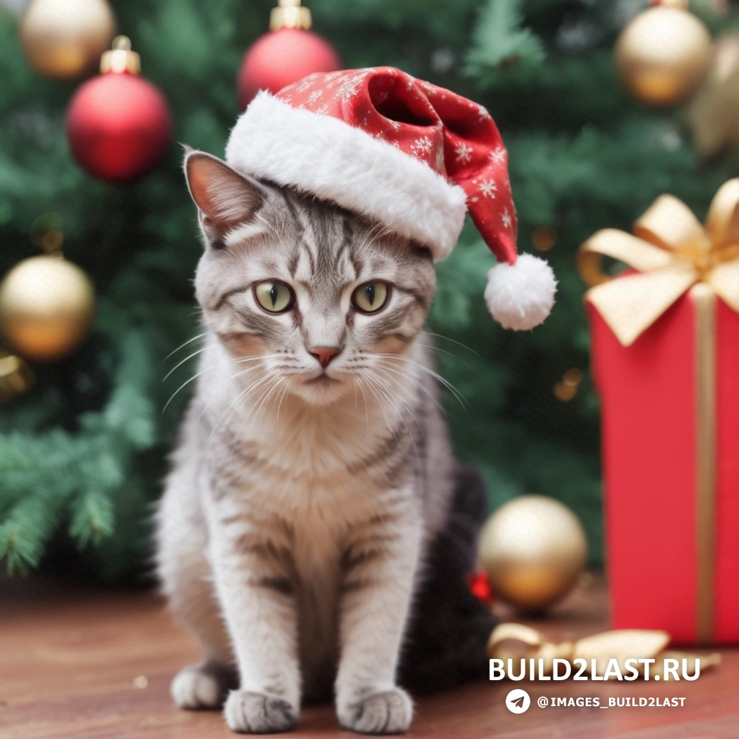 кот в шапке Санты рядом с рождественской елкой с подарками