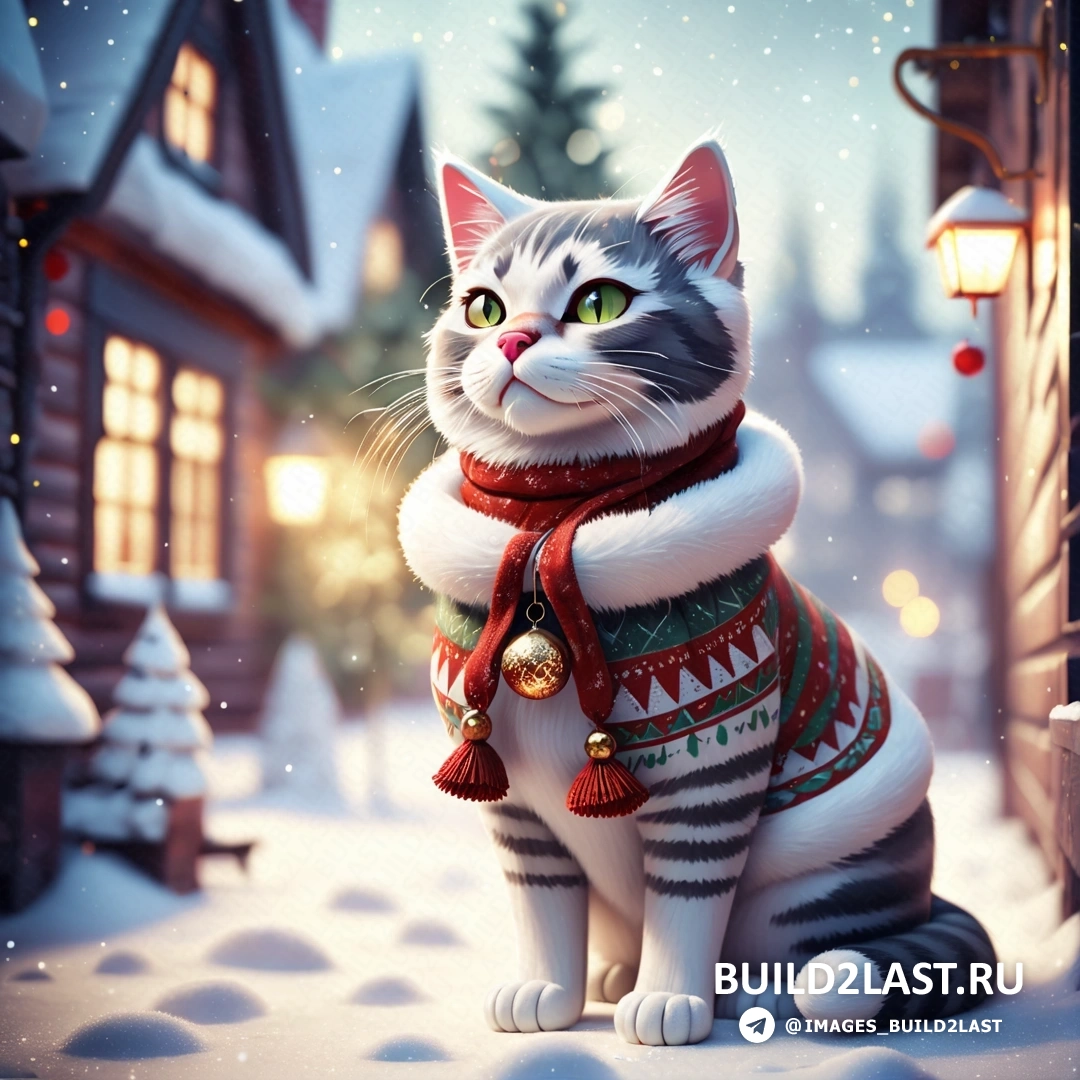 кот в свитере и шарфе на снегу с рождественской елкой и освещенной улицей