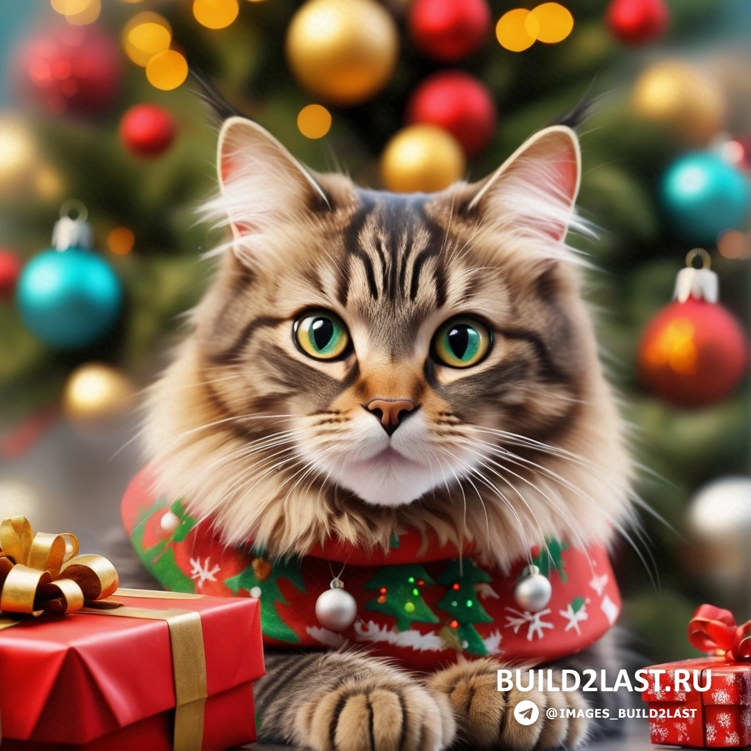 кот в свитере на фоне рождественской елки с подарками