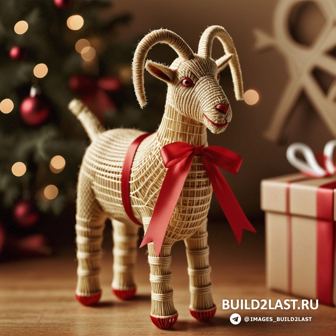 коза из куска дерева с красной лентой на шее и подарочной коробкой перед рождественской елкой