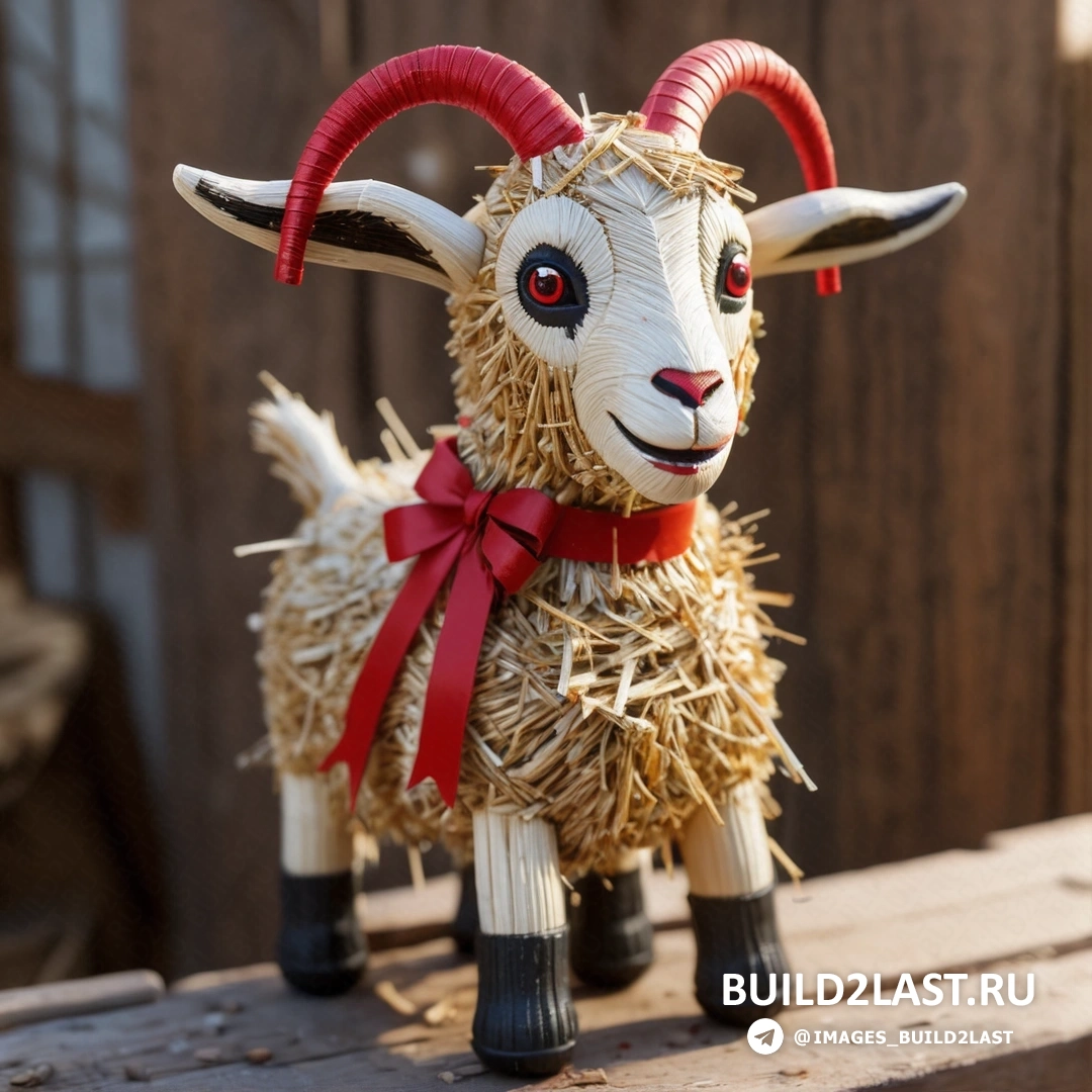 коза из сена с красным бантом на шее и рогах, стоящая на деревянной поверхности